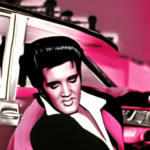 AI generated: Elvis Presley anciano en su coche rosa conduciendo por Las Vegas
