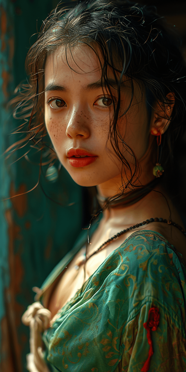 AI generated: chinese girl with blowing hair 3bhk, in the style of alessio albi, light green and green, russell do...