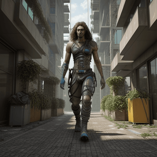 AI generated: Biopunk, solarpunk, pretty guy with long curly hair, walking through a solarpunk city, cgi art