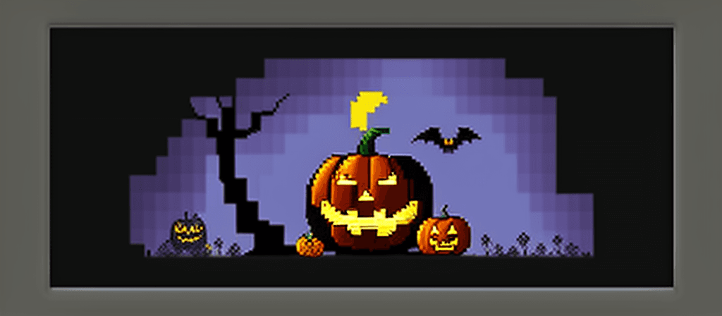 AI generated: Halloween + pixel art banner + pixel art style + cover art style + ilustration