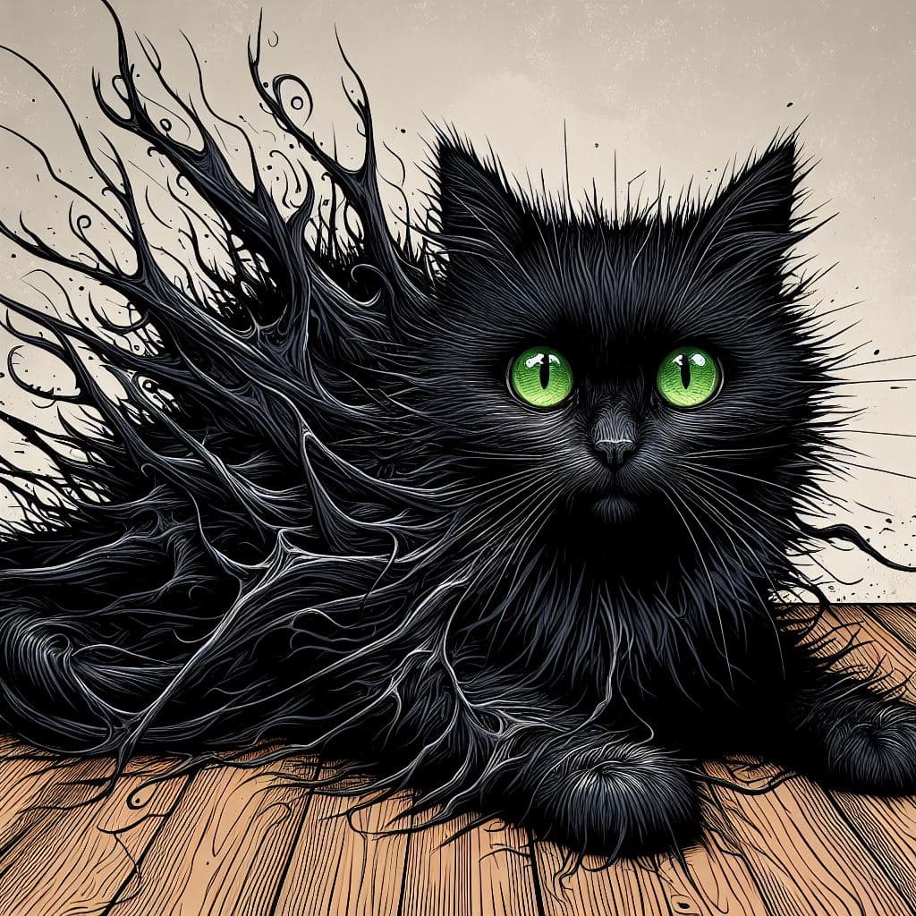 AI generated: A black cat with bright green eyes sitting on a wooden floor, its fur has become jagged and spiky li...
