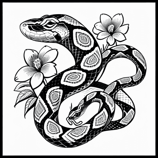 AI generated: snakes with flowers, tattoo sketch, smooth transitions, black patterns