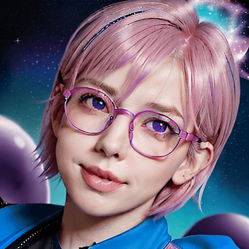 AI generated: A character with short, pinkish hair styled with side bangs, wearing blue glasses. The eyes are a mi...