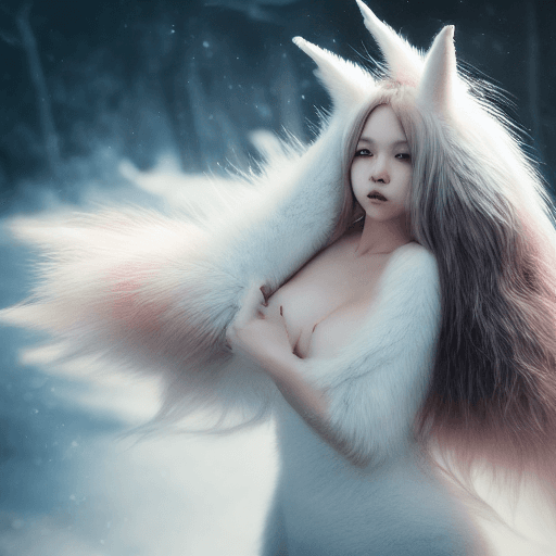 AI generated: fluffy nine-tailed fox girl by Wlop and Guweiz, Hyper-realistic, photography, real, professional, 8k...