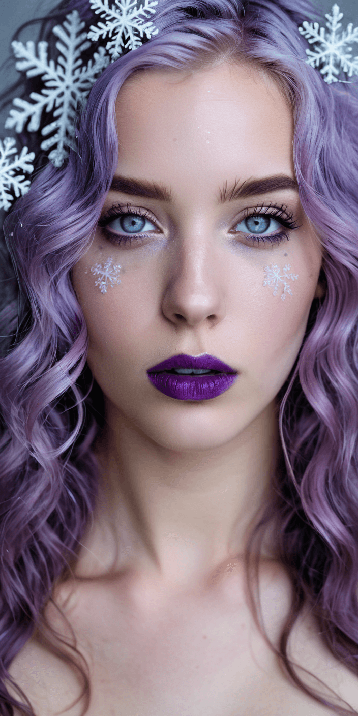 AI generated: A close-up portrait of a person with wavy, lavender purple hair dusted with snowflakes, piercing blu...