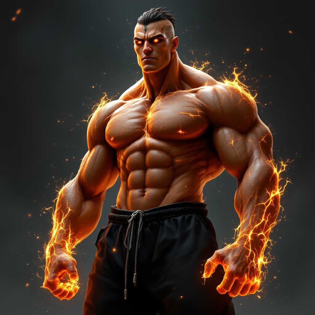 AI generated: A towering being, standing at 2 meters, with warm, tan skin that now glows with an intense energy, r...