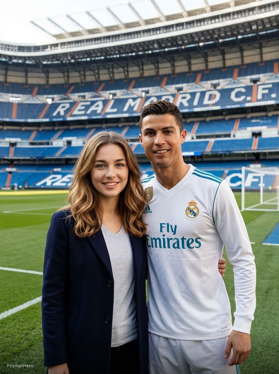 AI generated: Este chico y cristiano ronaldo en el bernabeu. Change that guy into a girl 
