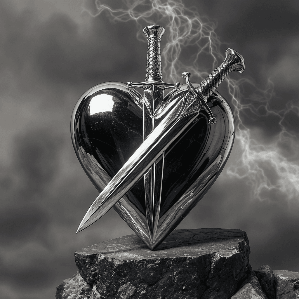 AI generated: shiny metalic sacred heart with a dagger through it