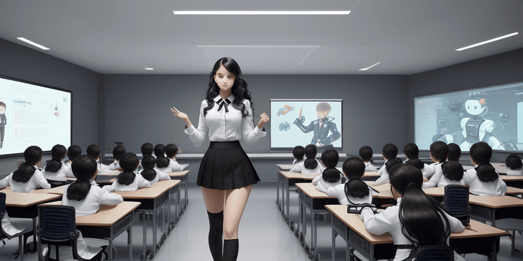 AI generated: A panoramic view of a cyber and future style classroom, gorgeous teacher is teaching innovation less...