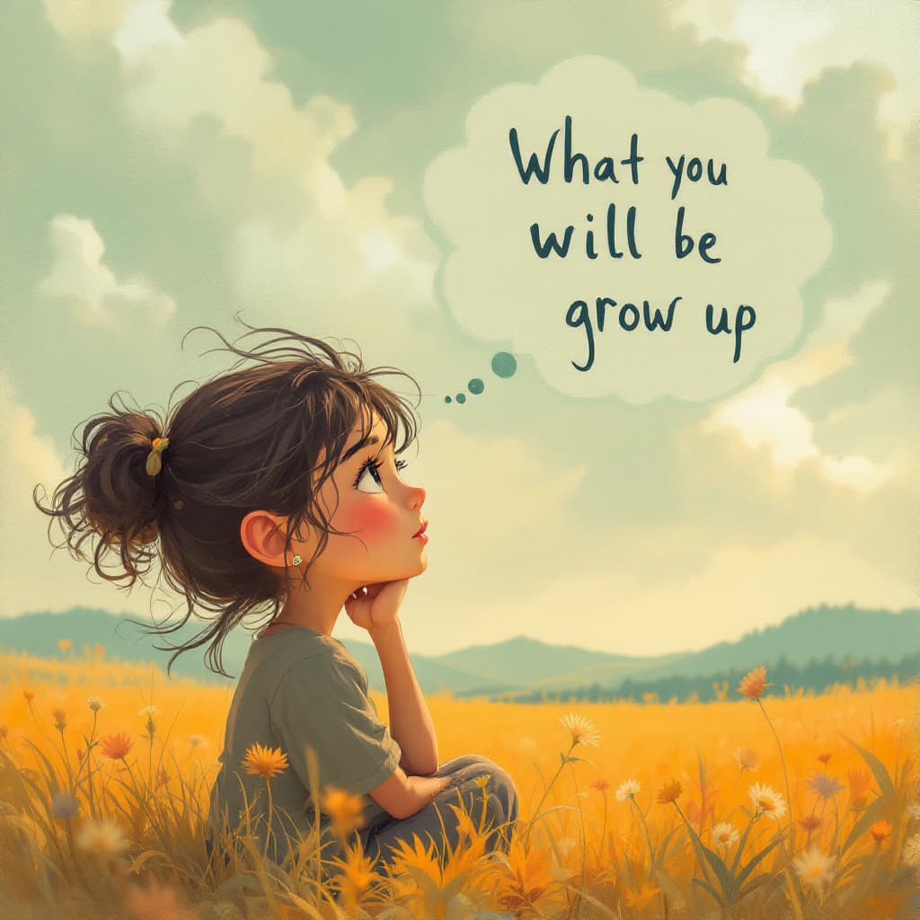 AI generated: realistic image of a girl thinking about what she will be when she grows up and a text written her t...