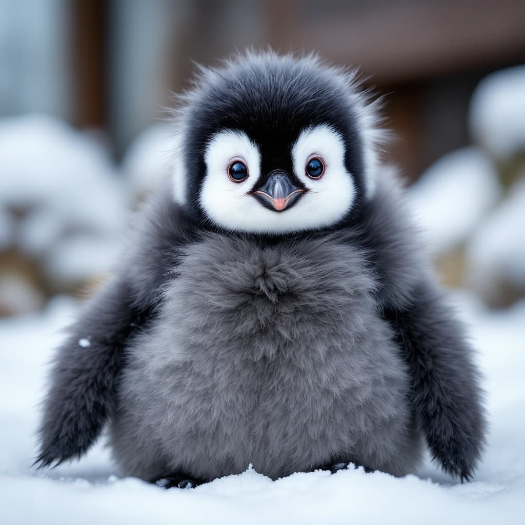 AI generated: An adorable baby emperor penguin with a round, fluffy body covered in thick dark gray feathers. Its ...