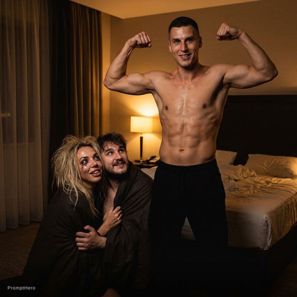 AI generated: Hotel bedroom, dim lighting, the woman in the middle and the man on the left are wraped together wit...