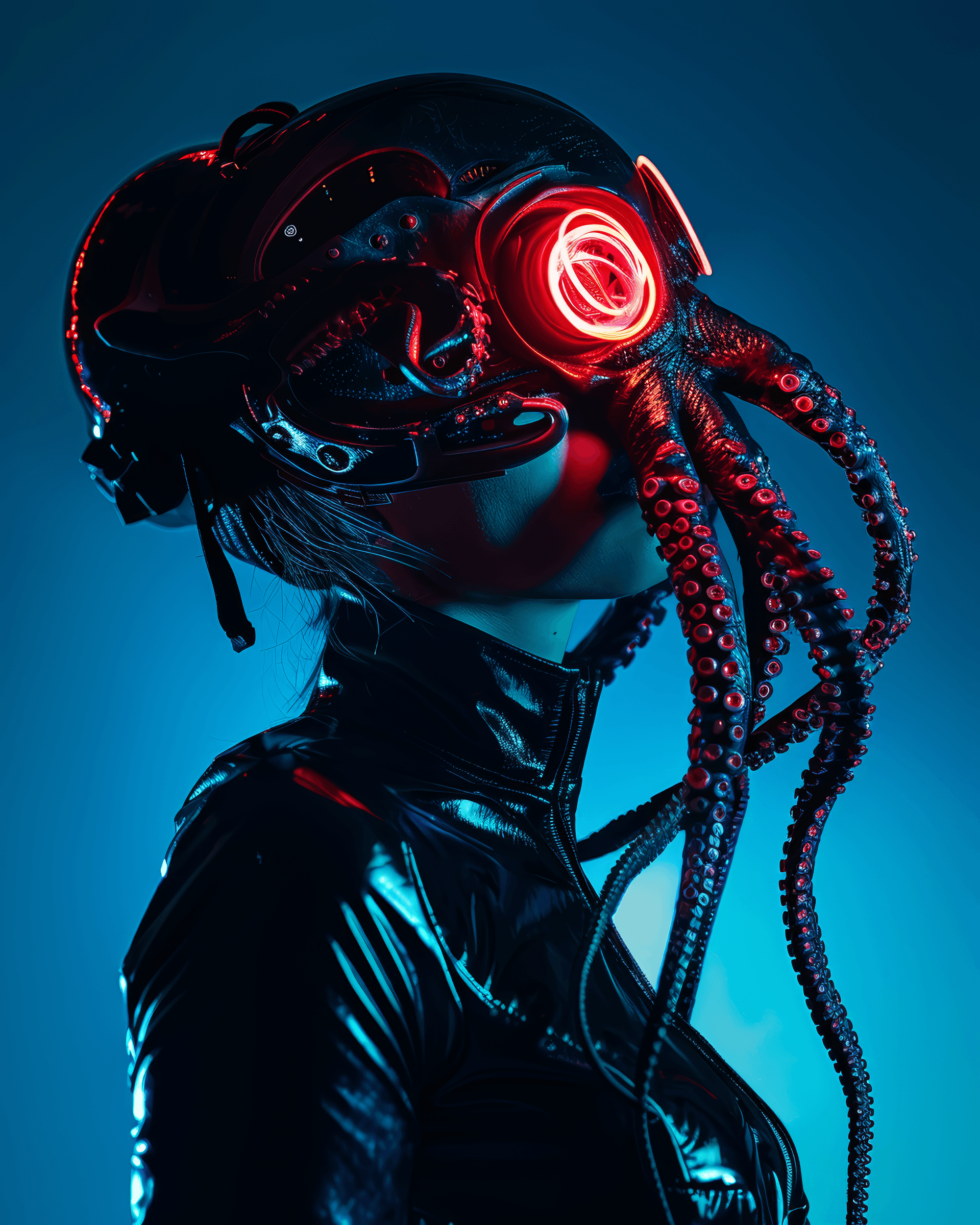 AI generated: A beautiful alien woman with an octopus head, glowing red eyes and tentacles on her neck wearing bla...