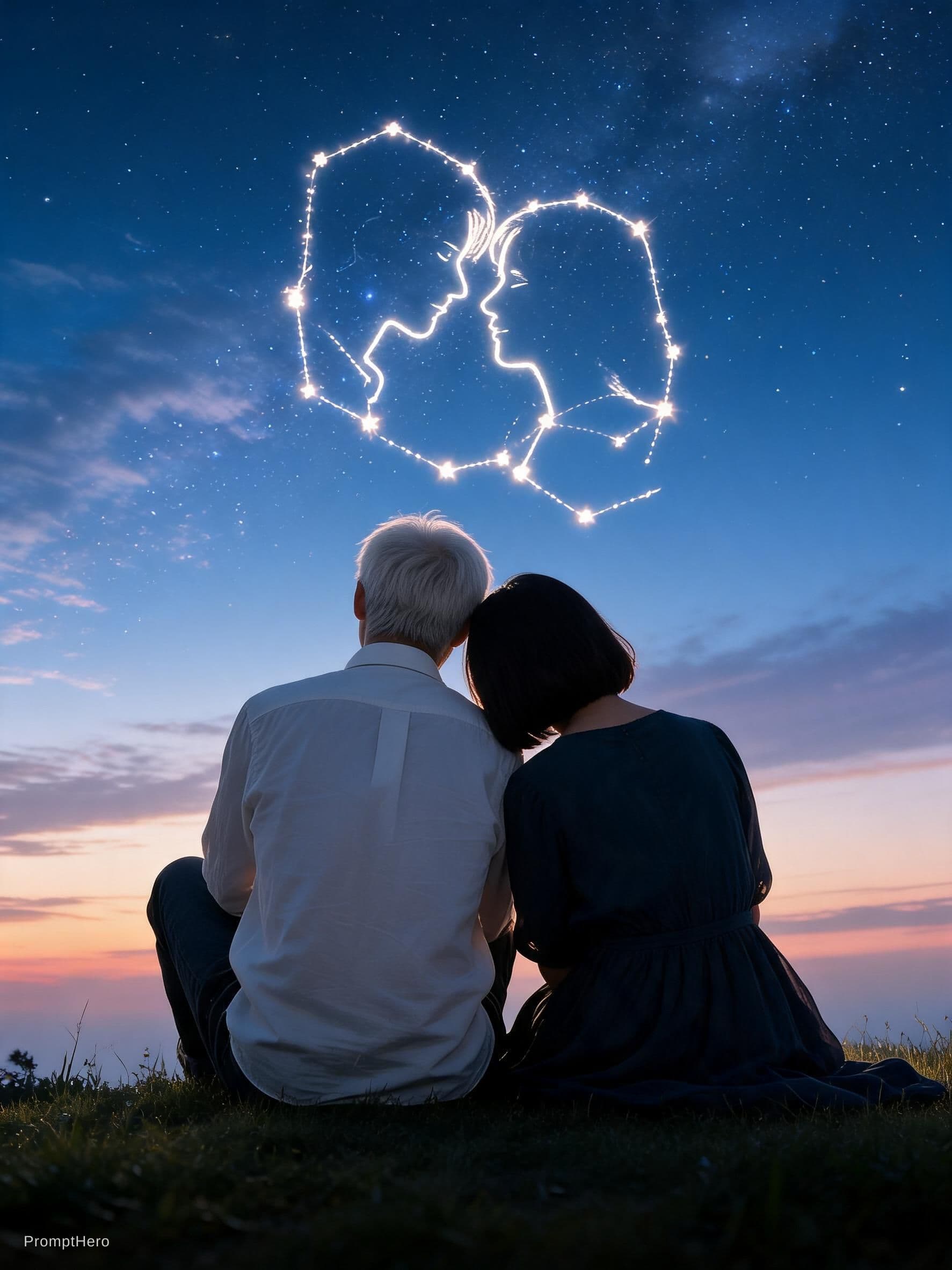AI generated: A serene, dreamy night sky with glowing constellations forming the outline of a couple in love, thei...