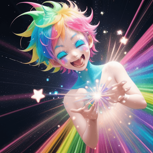 AI generated: Pan Shot, a playful anime character dissolving into sparkling, magical particles, transforming into ...