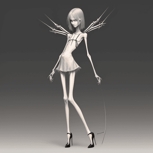 AI generated: a needle-thin anorexic girl with skinny long legs and long skinny calves in high heels with long hoo...