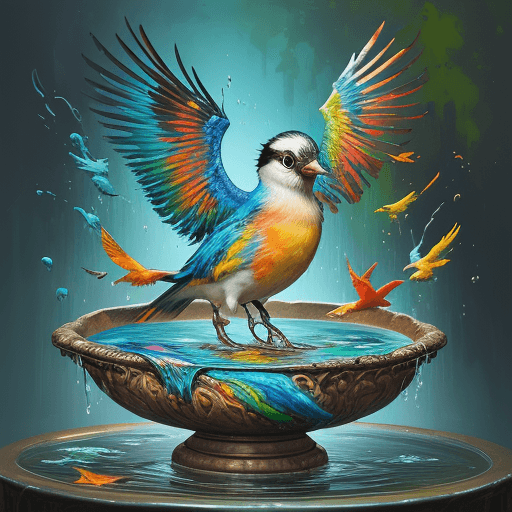 AI generated: Half body, oil painting of fluid art, acrylic oil painting on canvas, colorful birds, splashes, chir...