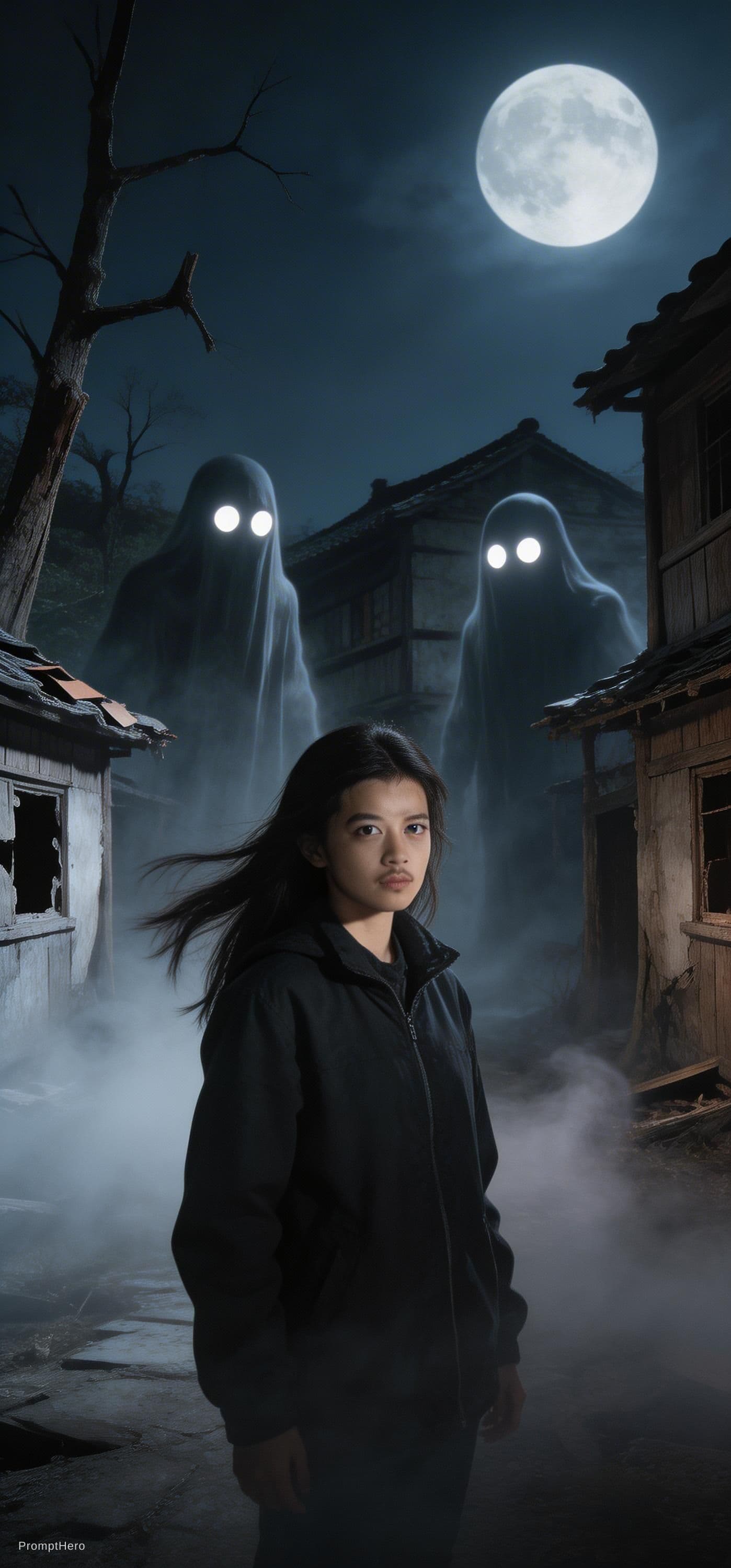 AI generated: Ultra detailed cinematic horror scene. A brave young girl standing in an old abandoned village at ni...
