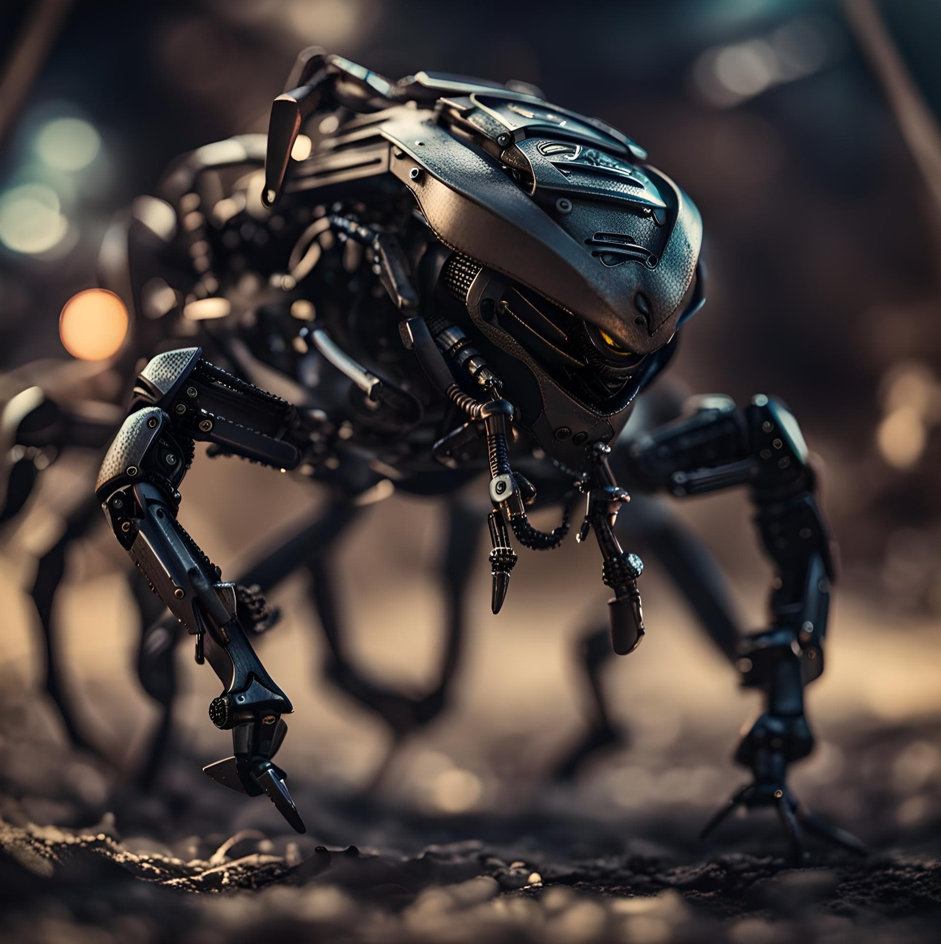 AI generated: iron scorpion, scorpion robot, robot detailed, scorpion robot model detail, black scorpion robot