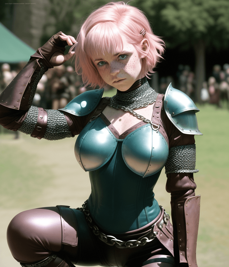 AI generated: It is D&D world, dynamic pose, girl, she has short length pink hair and teal highlights, she is emba...