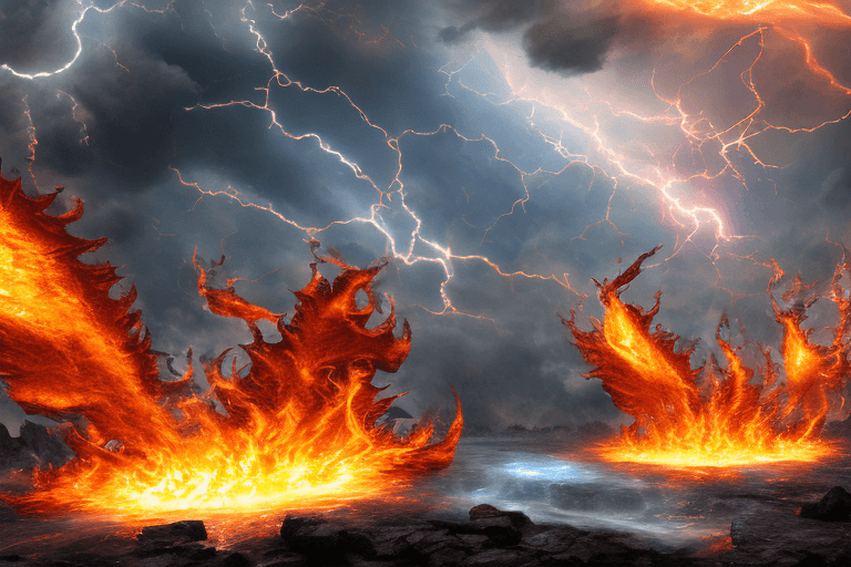 AI generated: hdr 8k hyperdetailed and hyperrealist elemental war between fire gods and water gods over the earth ...