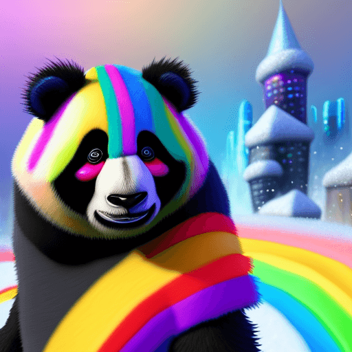 AI generated: A masterpiece-quality studio photo of a Super-HAIRY Rainbow Color SteamGoth PANDA, open posed amidst...