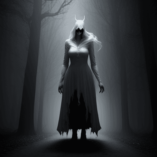 AI generated: mystique,heavy nightmare Version of the urban legend of the whitedevil.in a night ,a foggy street in...