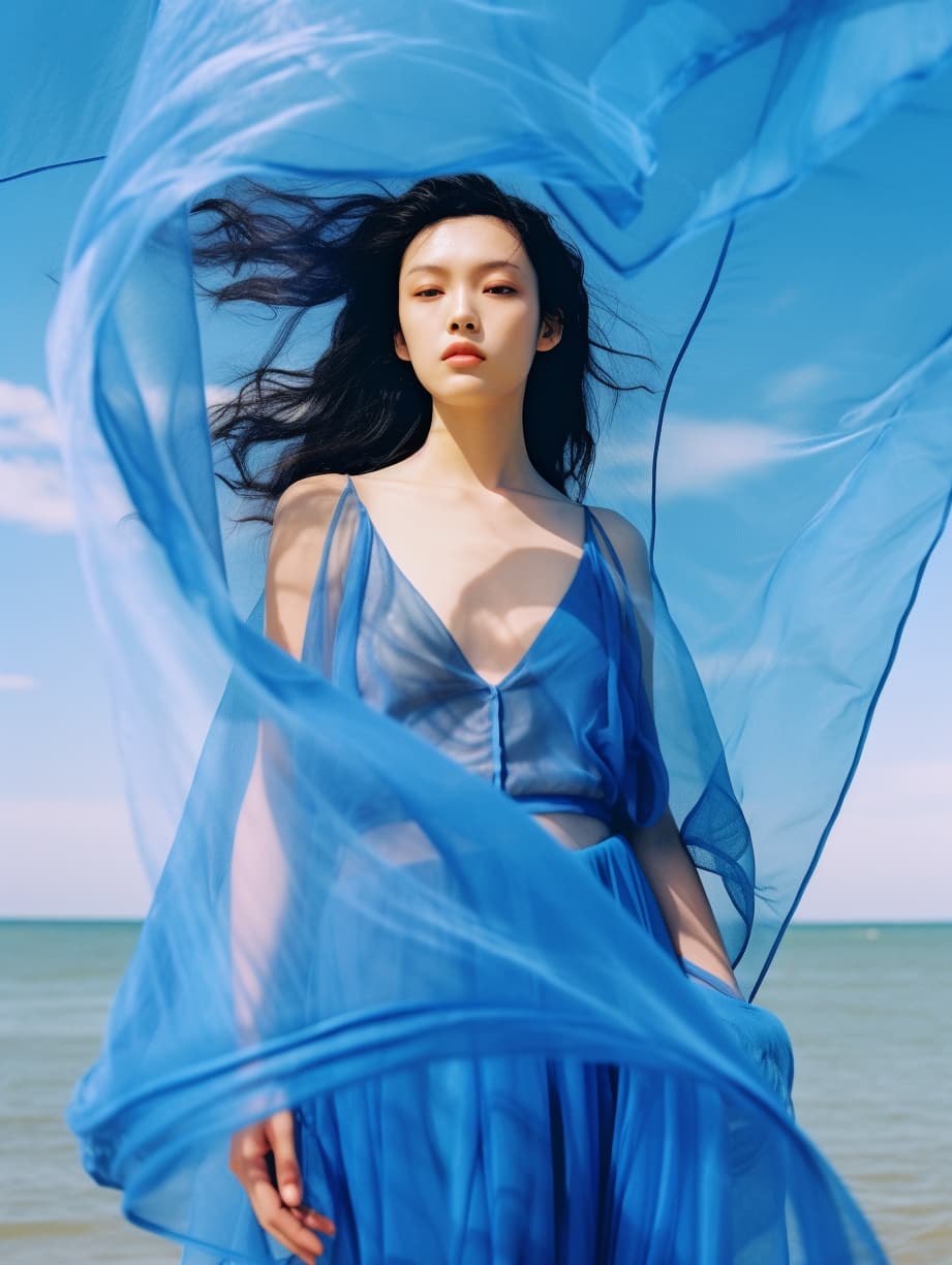 AI generated: a woman in a blue dress on the beach, in style of ren hang, fashion model features, in a style combi...