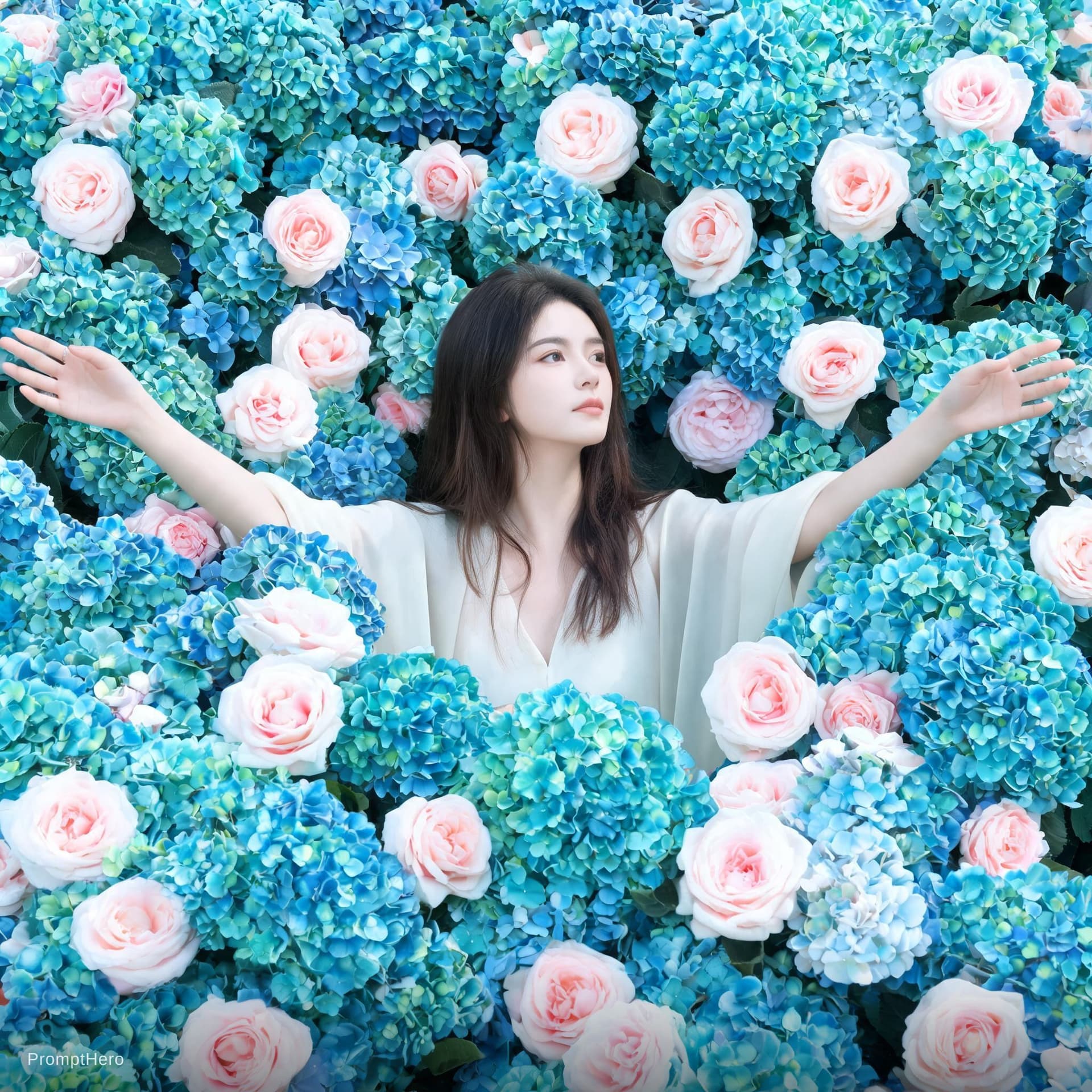 AI generated: Editorial floral portrait of a woman centered within a dense bed of vivid teal hydrangeas and pale p...