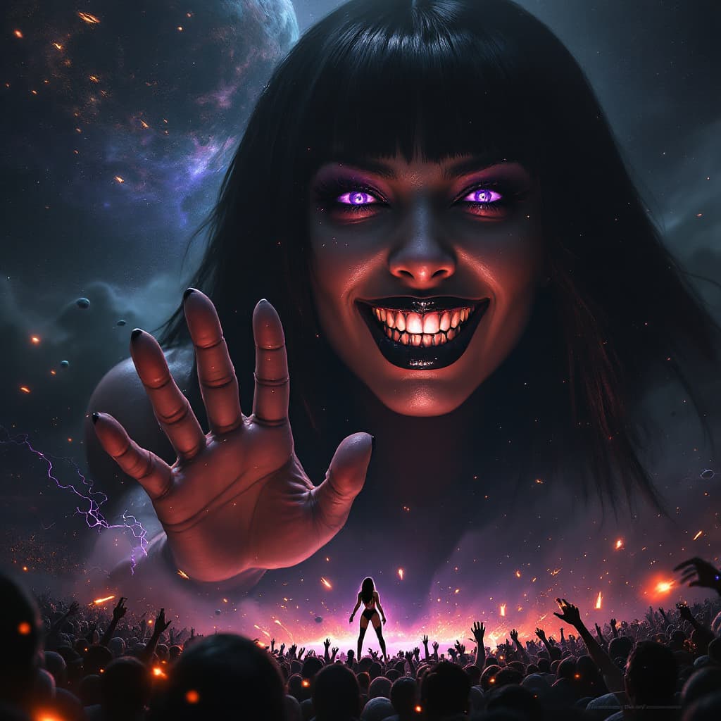AI generated: enormous giantess female who looks exactly like WWE superstar 
 Rhea Ripley with black medium length...