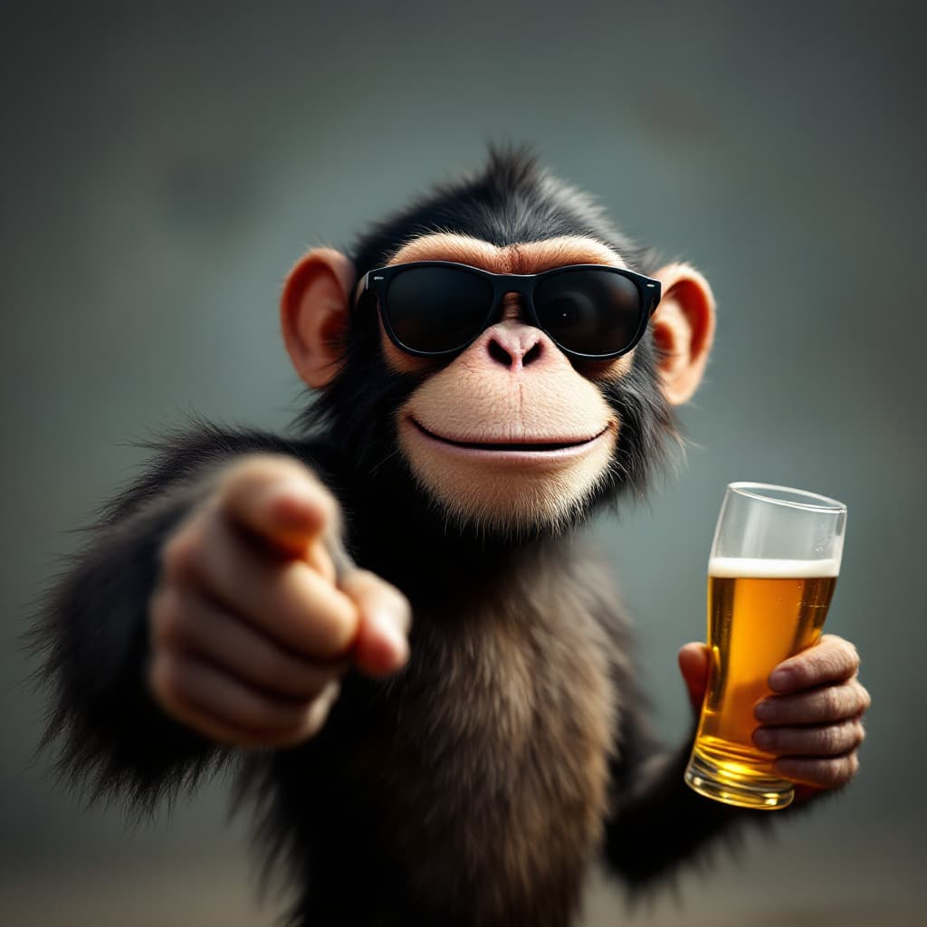 AI generated: A smiley monkey with dark glasses and a beer in hand pointing towards the camera
