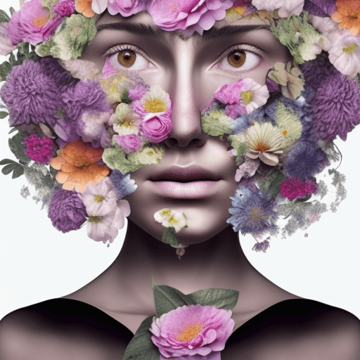 AI generated: Blend large flowers into intricate human faces, merging petals into soft features with elegance and ...
