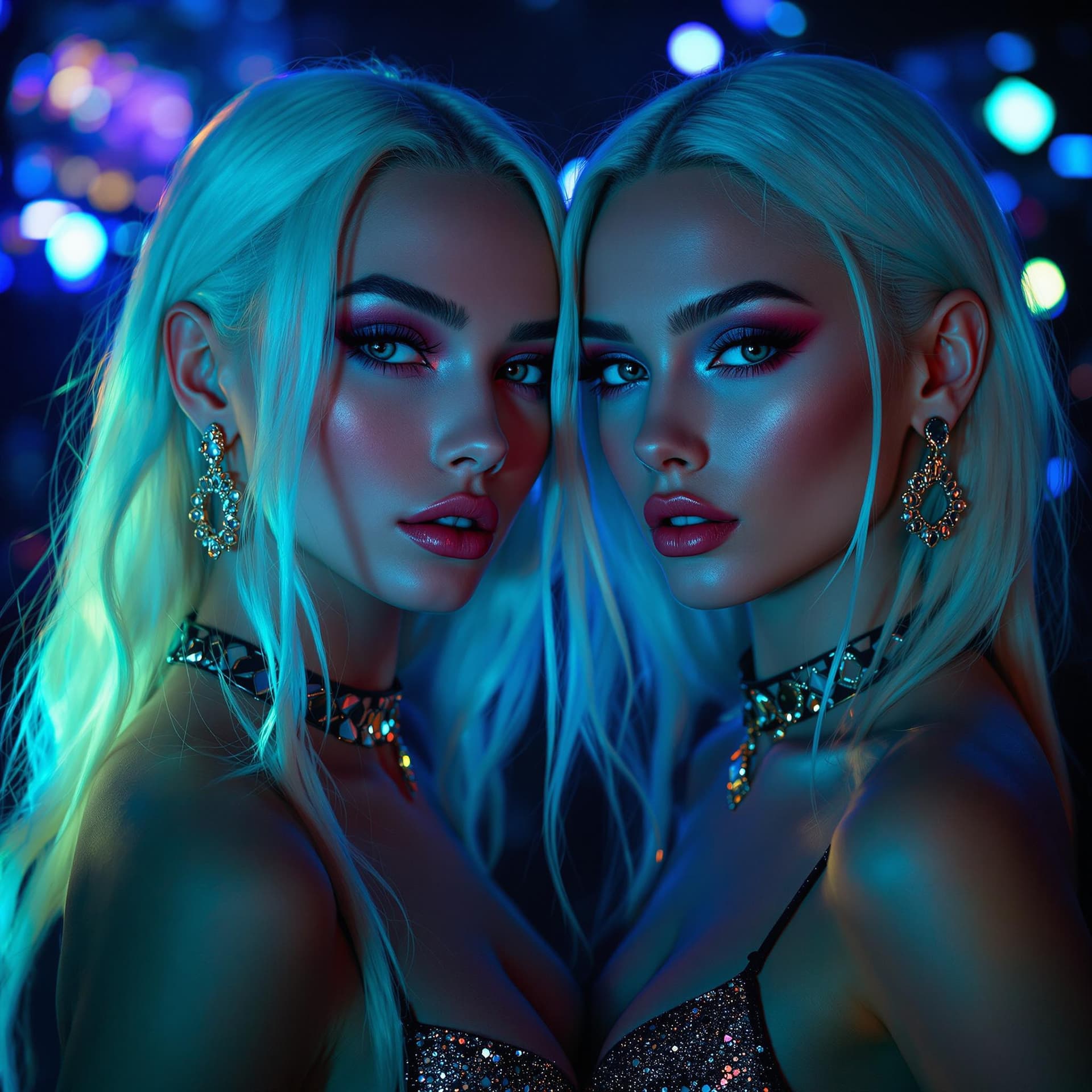 AI generated: Fashion photography, close portrait of two albino twin sisters in blue light at night club, full bod...