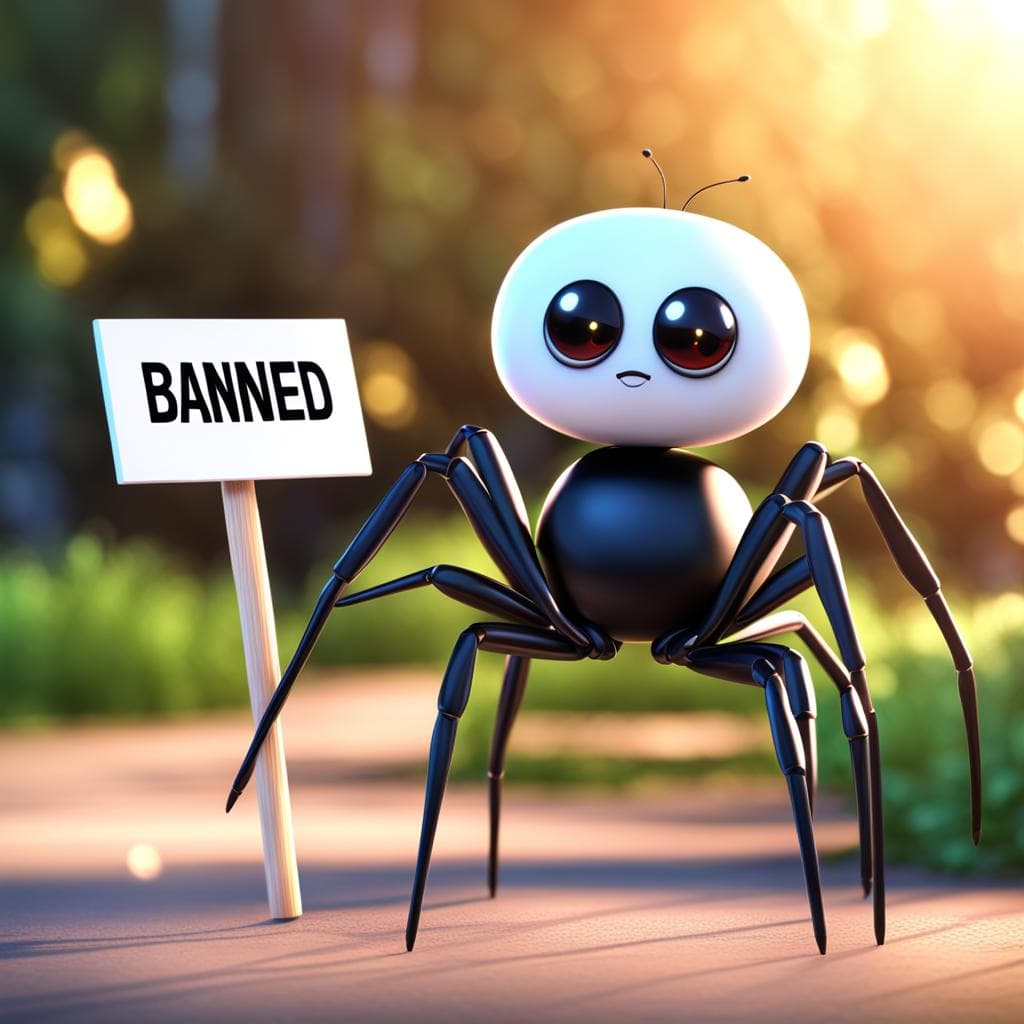 AI generated: A cute spider holding a sign with the words "Banned" written on, Pixar style, 3D render, 8k resoluti...