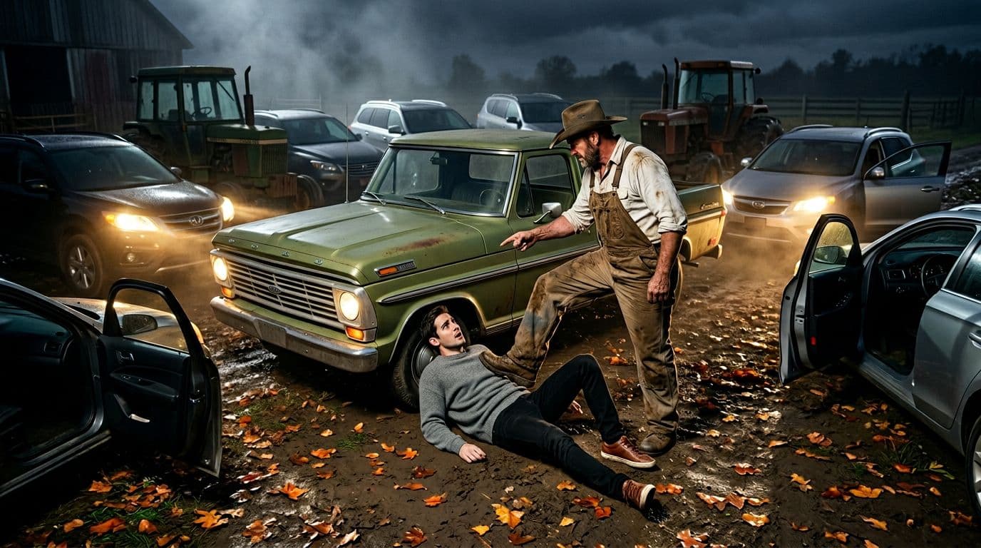 AI generated: In an Autumn night at a ranch. The large vintage olive green Ford pick up truck is parked between ni...