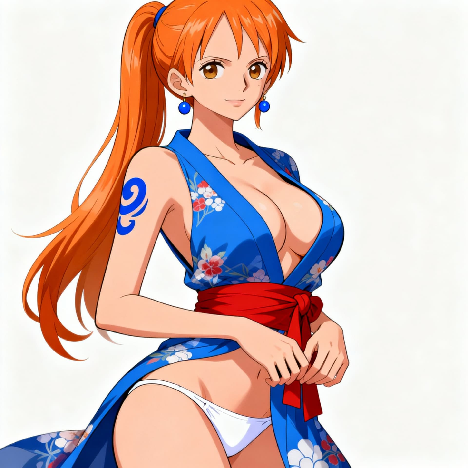 AI generated: This image depicts Nami from One Piece in a suggestive pose. She has fair skin, long orange hair tie...