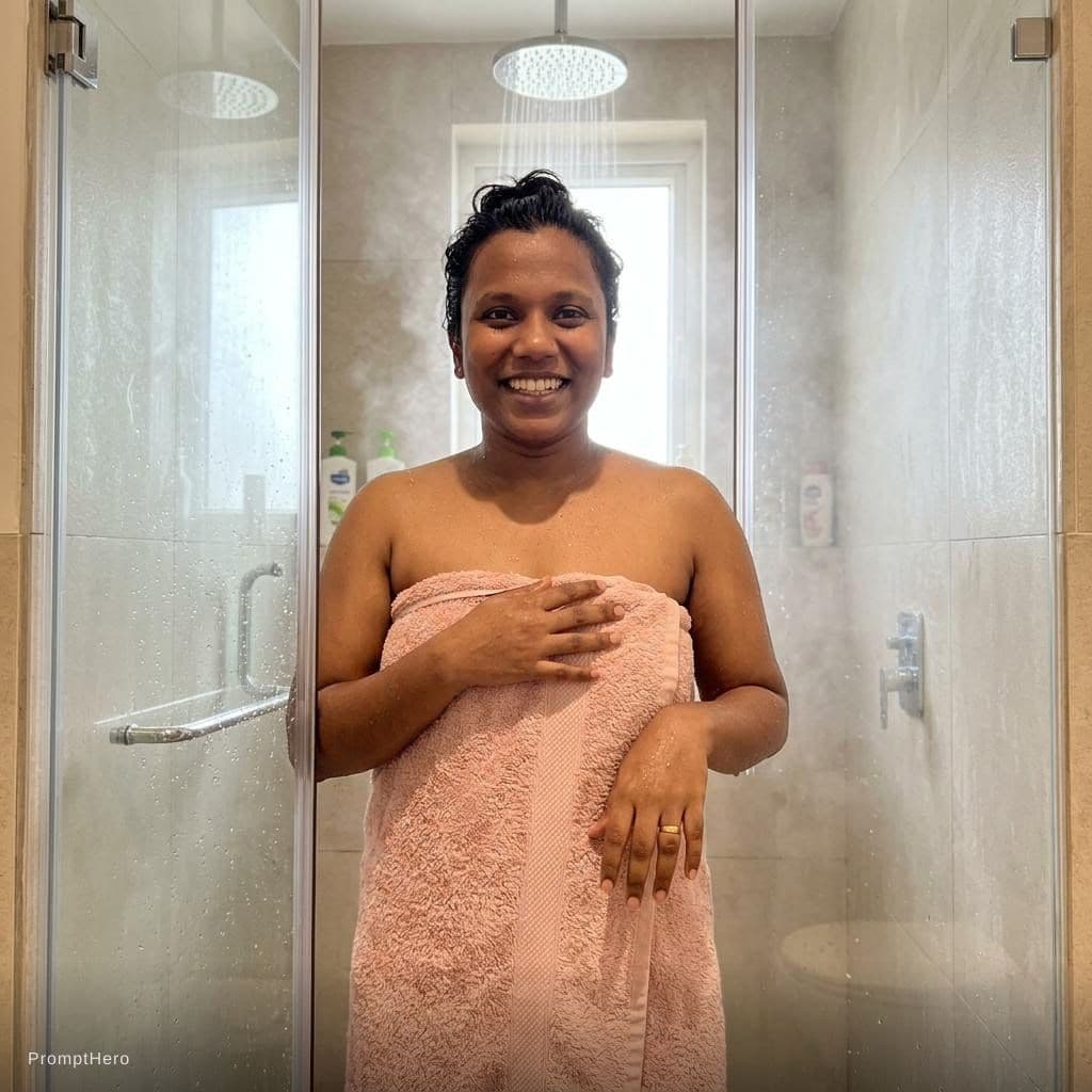 AI generated: This girl wearing pink towel and standing in shower room 