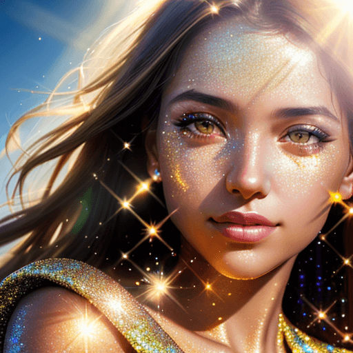 AI generated: close up portrait of woman looking towards the bright sun, glitter on her face, sun rays, glowy skin...