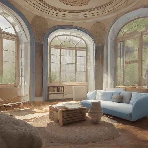 AI generated: High resolution photography interior design, dreamy sunken living room conversation pit, wooden floo...