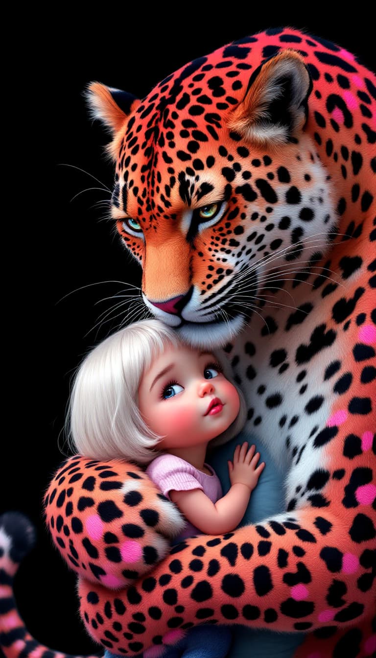 AI generated: whimsical cartoon of Disney,a rose-red leopard and a chubby girl, pink and black, romantic comic, su...