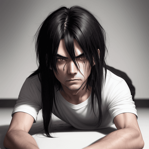 AI generated: 1boy, red_pupils, black_hair, long_hair, messy_hair, bangs, hair_between_eyes, stubble, eyebrows_vis...