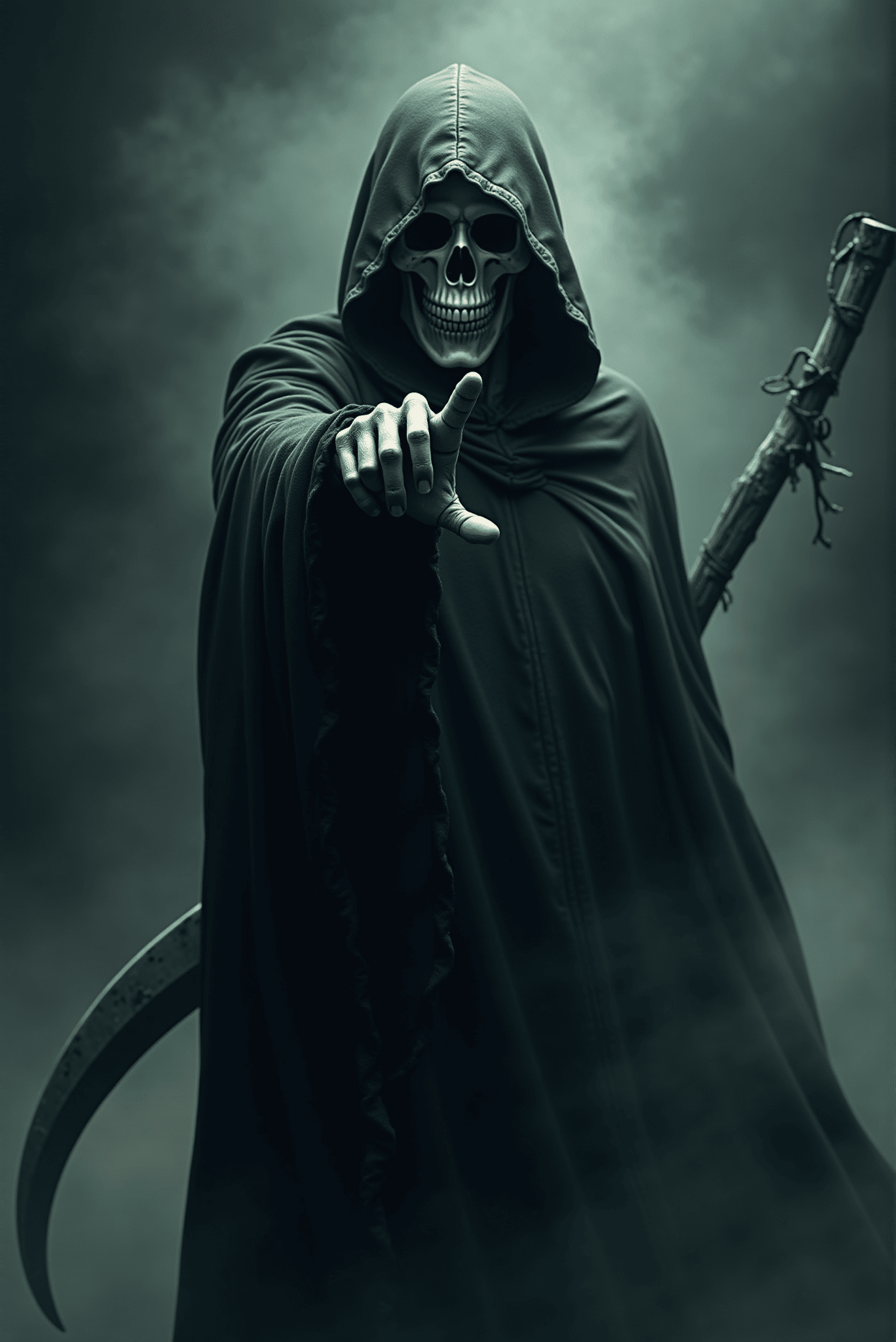 AI generated: A photorealistic Grim Reaper standing front-facing in the classic 'I want you' pose, one skeletal ha...