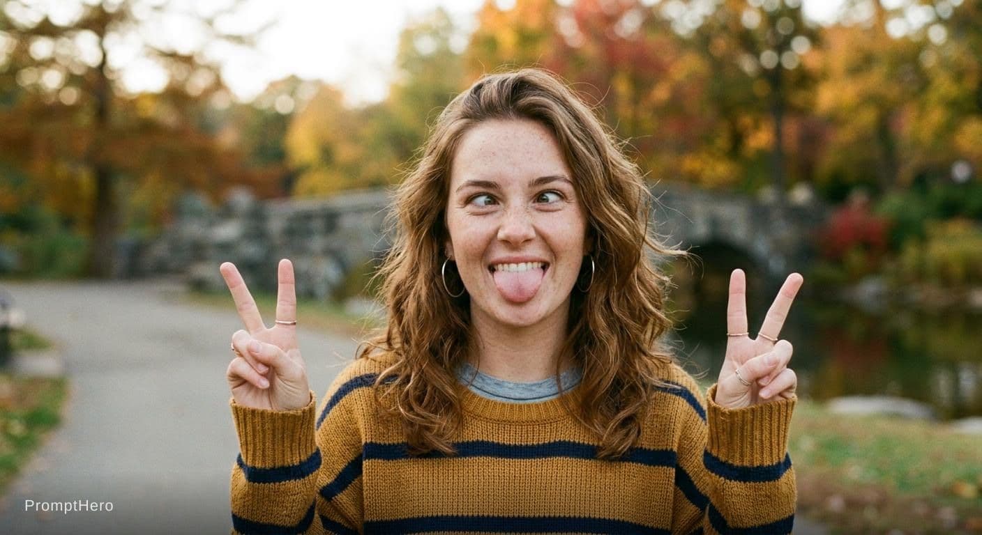 AI generated: A beautiful girl do eye cross and tongue out with peace sign 
