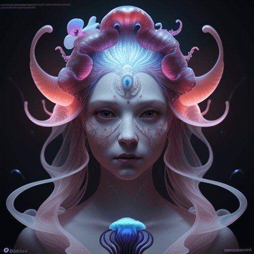 AI generated: Goddess close-up portrait ribcagel. jellyfish phoenix head, nautilus, orchid, skull, betta fish, bio...