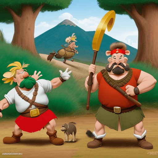 AI generated: Asterix and Obelix hunting a wild boar in the style of the Asterix comic 