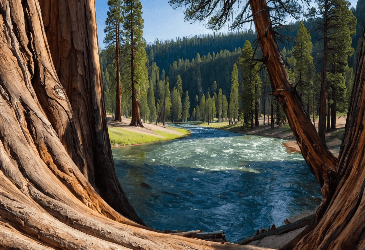 AI generated: Exceptional Yellowstone River from inside of a Giant sequoia tree