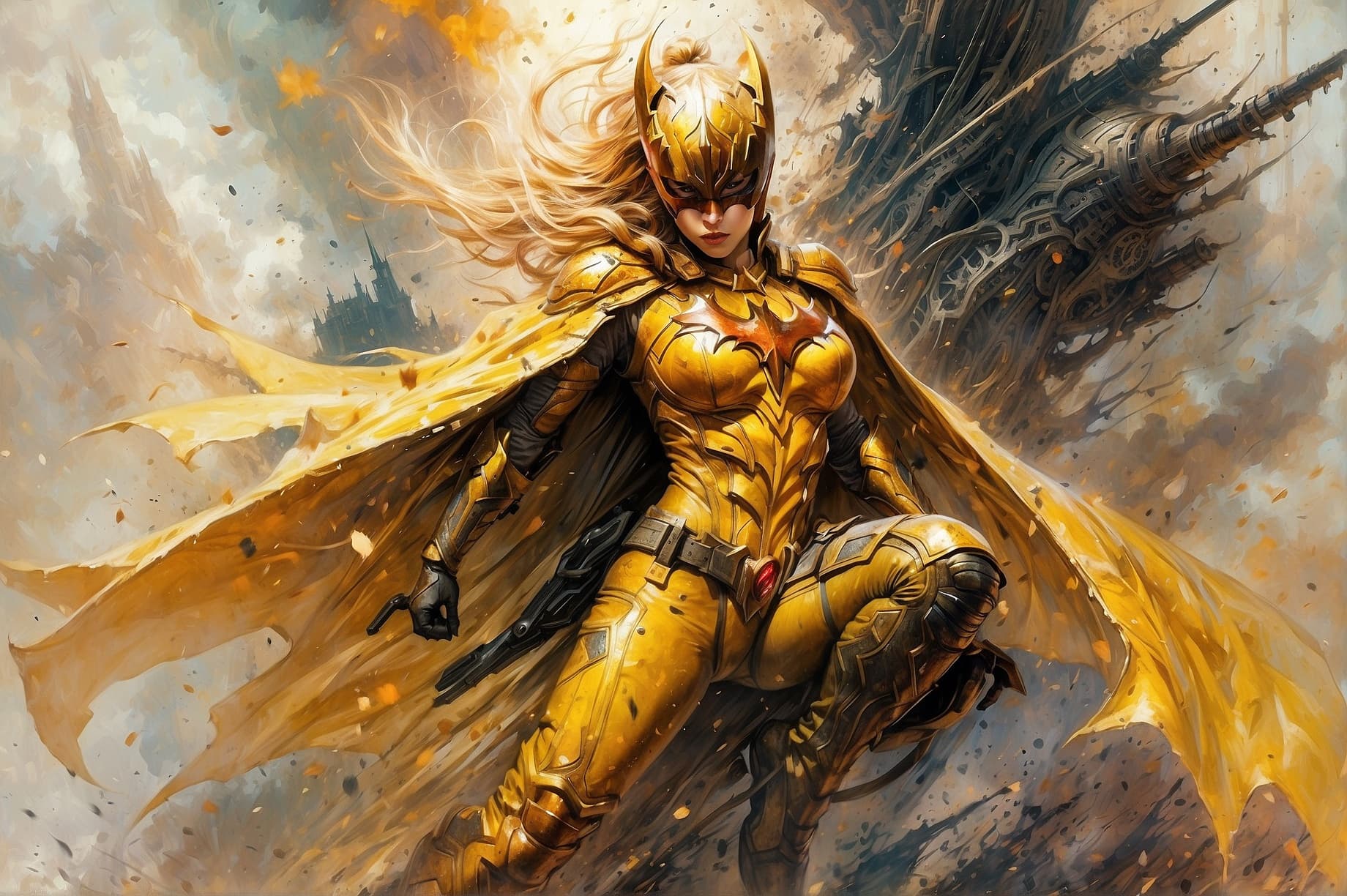 AI generated: a masterpiece, batgirl/supergirl from dc comic wearing alternate yellow costume, coy and alluring, f...