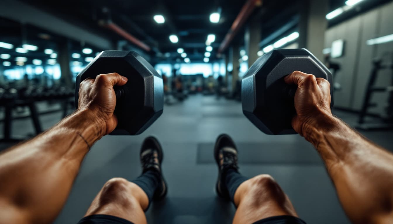 AI generated: POV first-person, I am lifting dumbbells in a gym. Only my hands (holding the dumbbells professional...