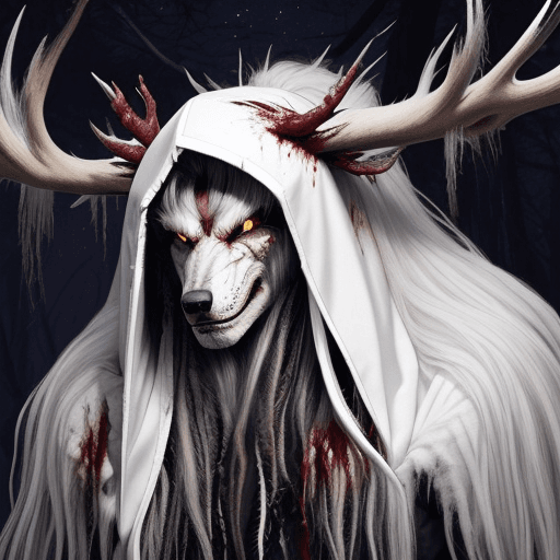 AI generated: Re life Huge werewolf with long white hair. It has large antlers at the top of its head. It's wearin...
