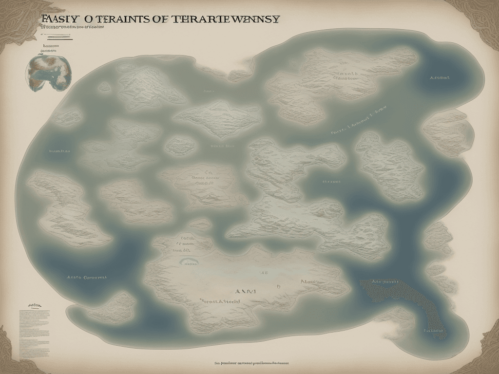 AI generated: map of a fantasy world in portrait orientation. The map includes a variety of terrains: sprawling mo...